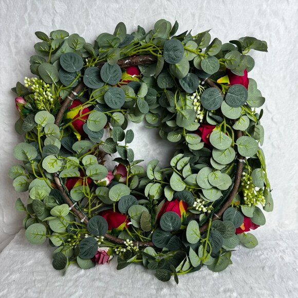 Artificial Eucalyptus & Rose Wreath 13" greenery decor - Picture 2 of 4